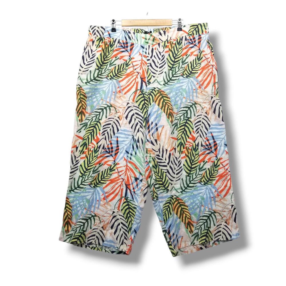Tahari Tropical Palms Cropped Linen Pants Womens 3X Plus Wide‎ Leg